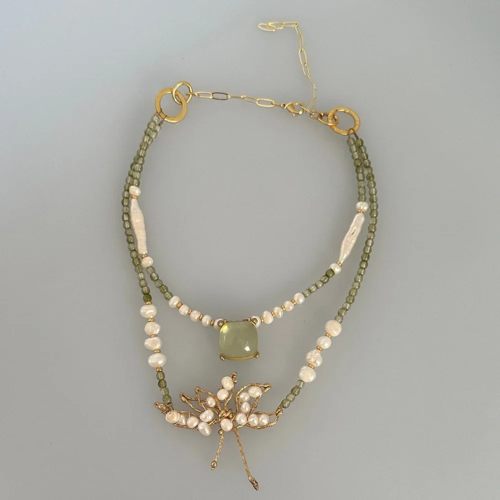 Freshwater Pearl and Green Beaded Necklace with Gold Accents